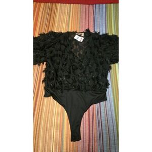 Willow + Root Black Textured Fringe Tinsel V-Neck Bodysuit Large NWT